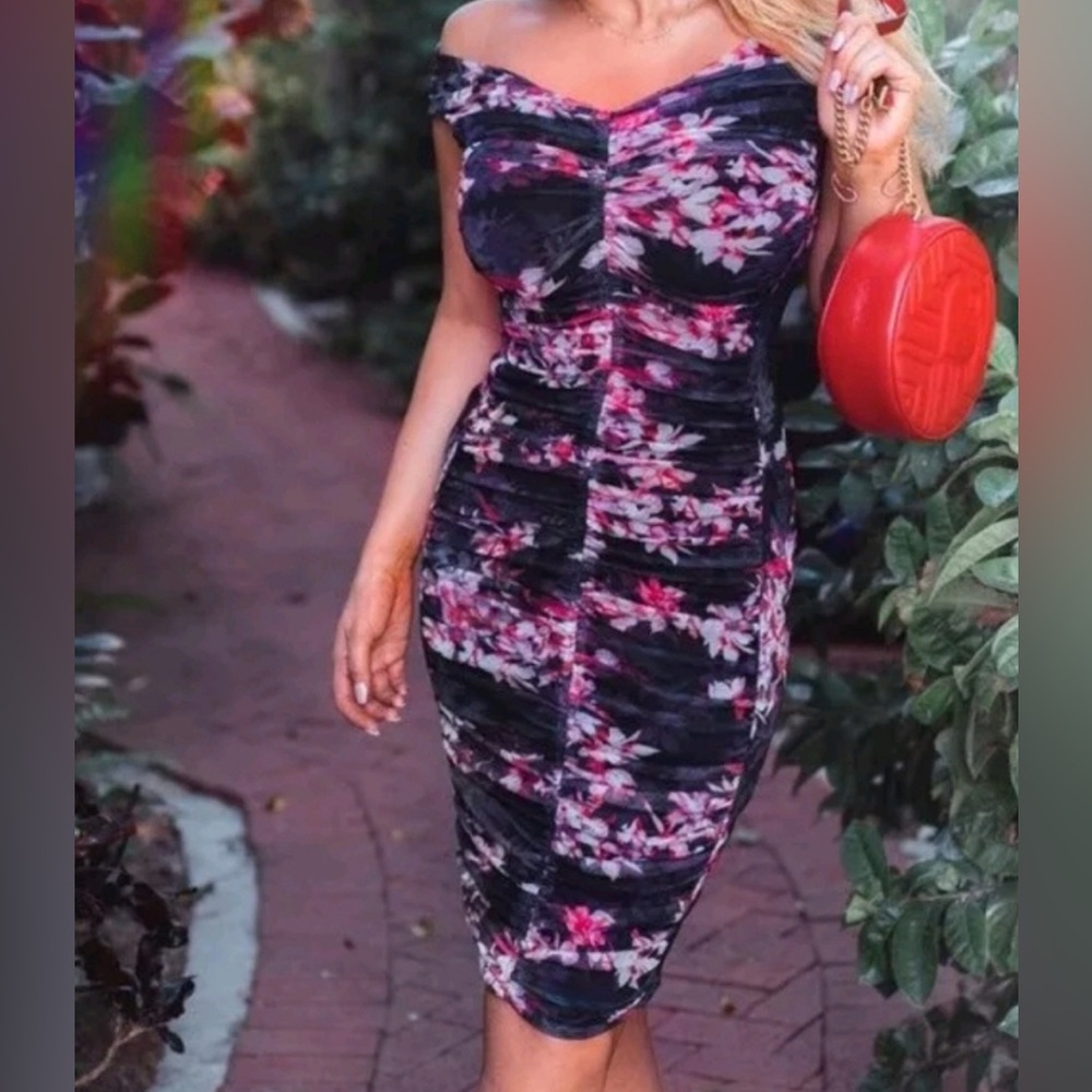 Black Halo "Yasmin" floral-print mesh dress